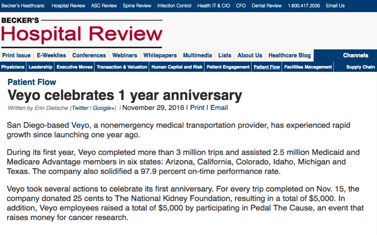 Veyo Celebrates one year anniversary - highlight in Becker's Hospital Review