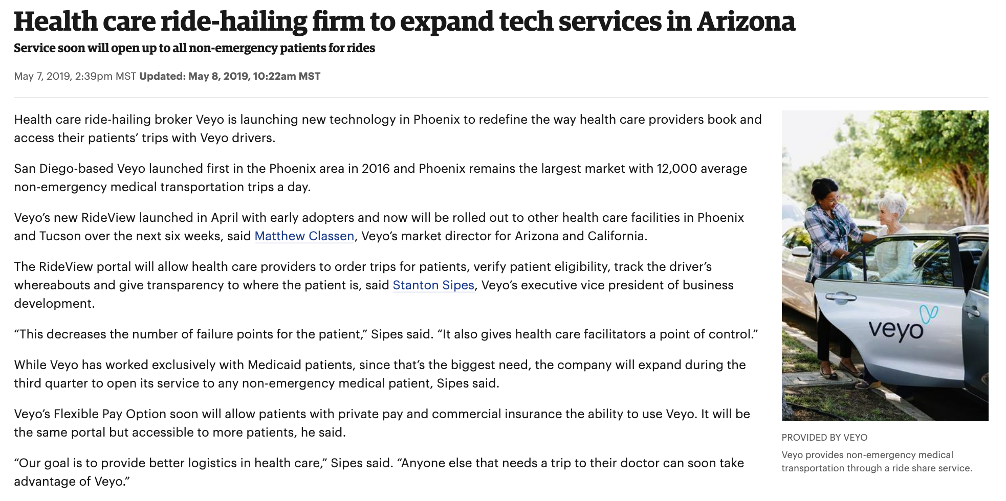 Veyo RideView in Phoenix Business Journal
