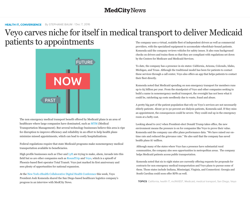 Veyo carves niche for itself in medical transport to deliver Medicaid patients to appointments
